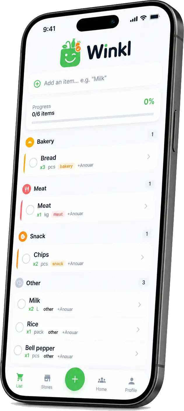 Winkl app showing a shared grocery list with items like milk, bread, and avocados